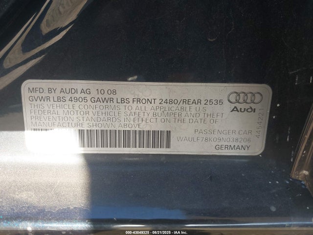 2009 AUDI A4 WAULF78K09N038206 Photo 8