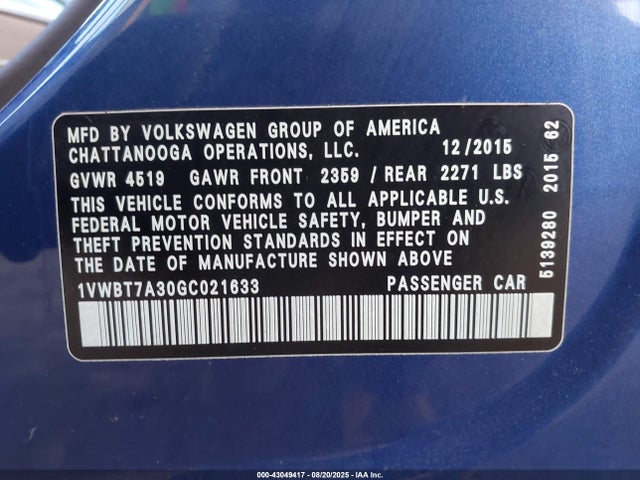 1VWBT7A30GC021633 Volkswagen 2016