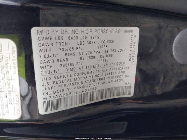 2009 PORSCHE CAYENNE WP1AA29P99LA01736 Photo 8
