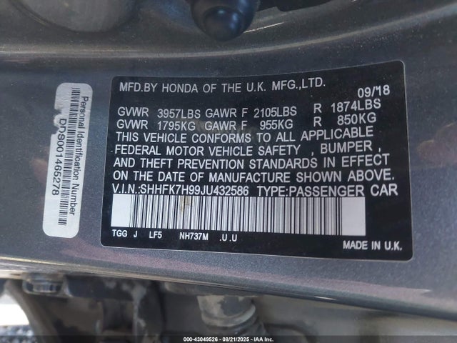 SHHFK7H99JU432586 Honda l15ba