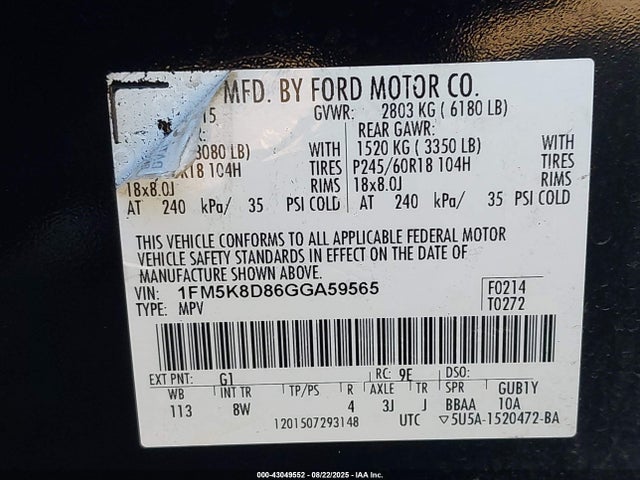 Ford 2016 2016 1FM5K8D86GGA59565 Image 9