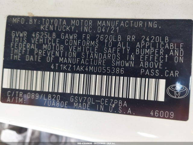 4T1KZ1AK4MU055386 Toyota 2gr-fks