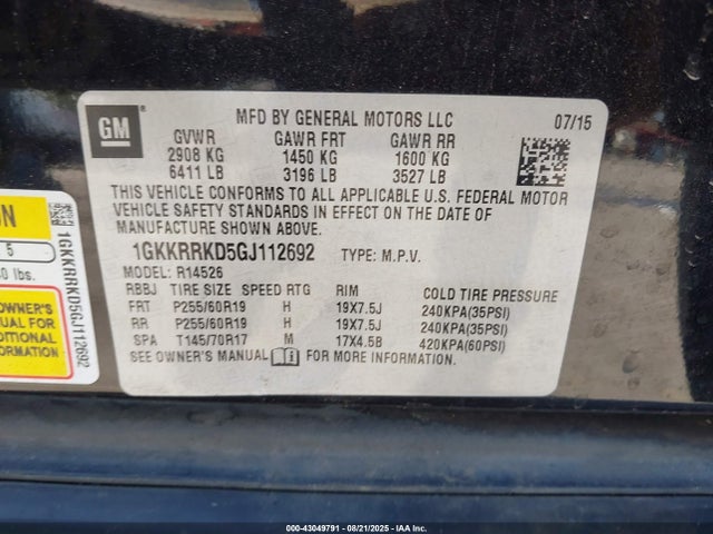 1GKKRRKD5GJ112692 GMC llt - sidi, alum, 60 degrees