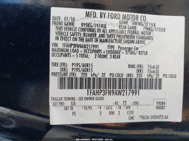 Aukcja sprzedaży 2010 Ford Focus Se, vin: 1FAHP3FN9AW217991, numer aukcji: 43049824