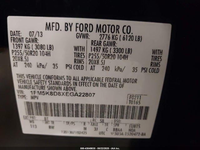 43049835 :رقم المزاد ، 1FM5K8D8XEGA22807 vin ، 2014 Ford Explorer Xlt مزاد بيع