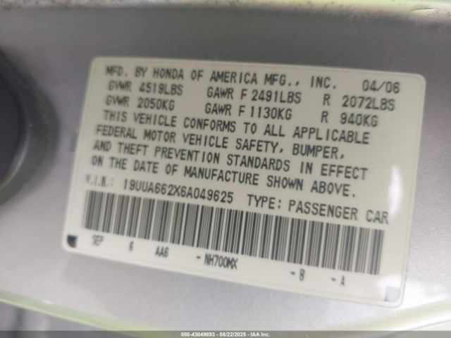 2006 ACURA TL 19UUA662X6A049625 Photo 8