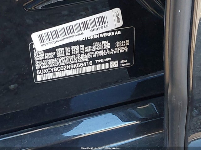 5UXCY8C02N9K56416 BMW X6