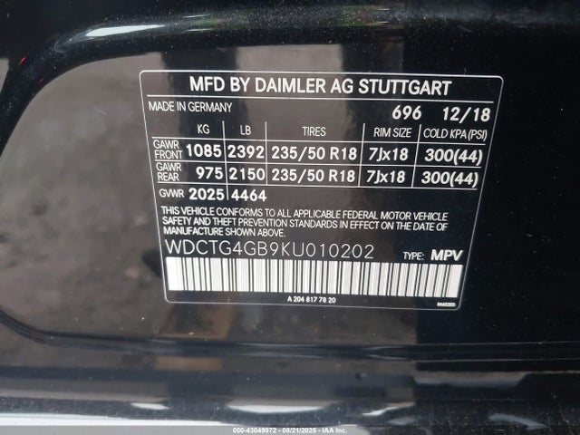 WDCTG4GB9KU010202 Mercedes-Benz 270