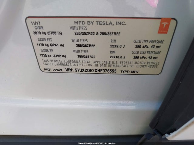 5YJXCDE2XHF076555 Tesla MODEL X