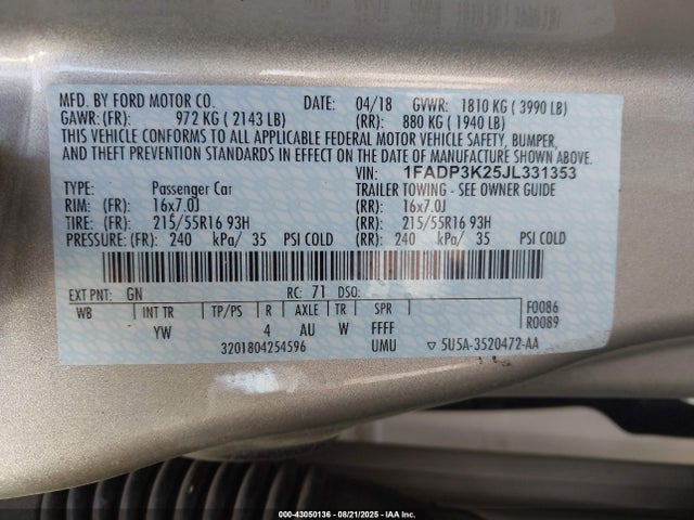 1FADP3K25JL331353 Ford 2.0l gdi