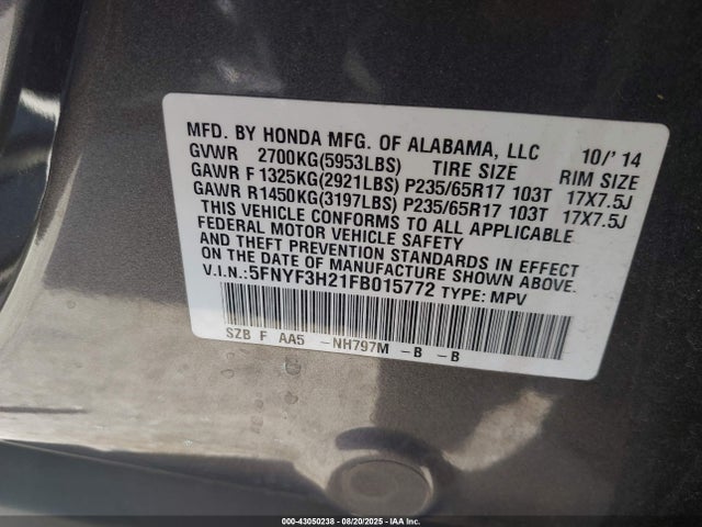 Honda j35z4 2015 5FNYF3H21FB015772 Image 9