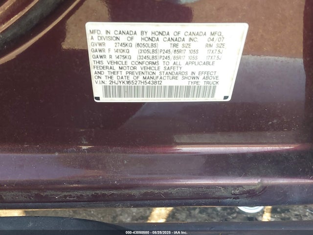 43050580 :رقم المزاد ، 2HJYK16527H543812 vin ، 2007 Honda Ridgeline Rtl مزاد بيع
