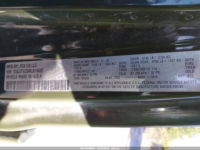 2021 Jeep Gladiator Mojave 4x4 მანქანა იყიდება აუქციონზე, vin: 1C6JJTEG5ML619682, აუქციონის ნომერი: 43050601