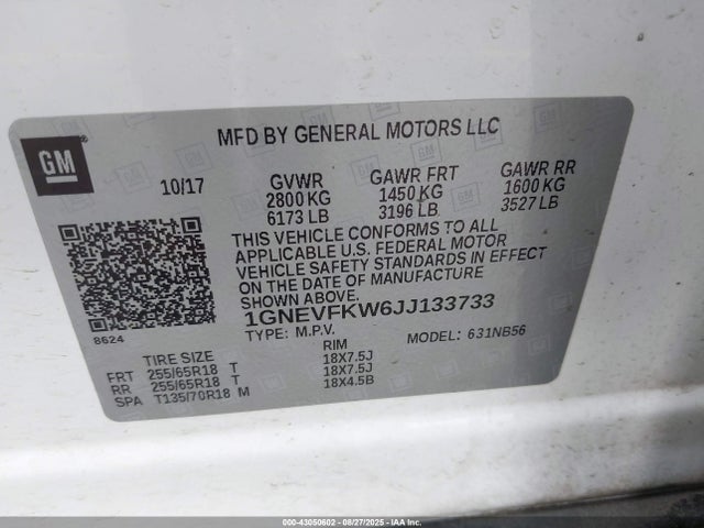 1GNEVFKW6JJ133733 Chevrolet lfy - spark ignited direct injection, atss, gen 1