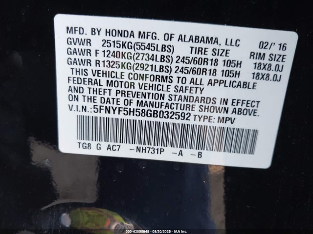 5FNYF5H58GB032592 Honda j35y6
