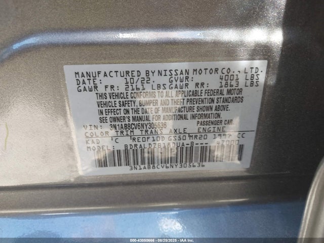 Aukcja sprzedaży 2022 Nissan Sentra Sv Xtronic Cvt, vin: 3N1AB8CV6NY305636, numer aukcji: 43050666