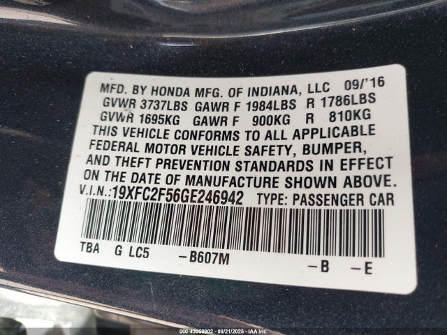Honda k20c2 2016 19XFC2F56GE246942 Image 9