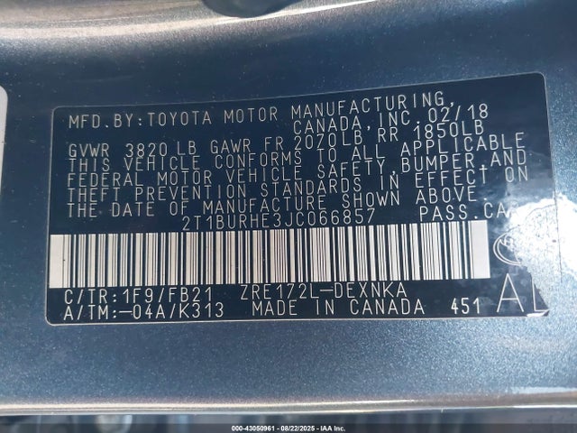 2T1BURHE3JC066857 Toyota 2zr-fe