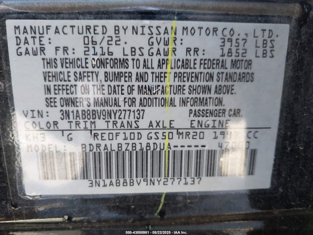 3N1AB8BV9NY277137 Nissan 2022