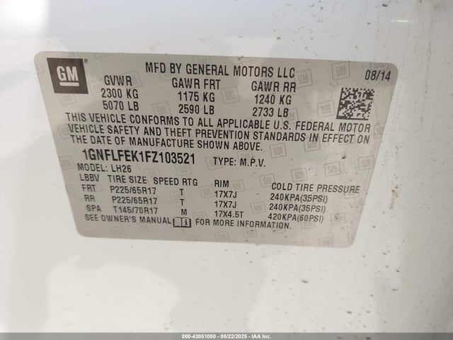 1GNFLFEK1FZ103521 Chevrolet lea - flex fuel (gas/alc), aluminum, ho,