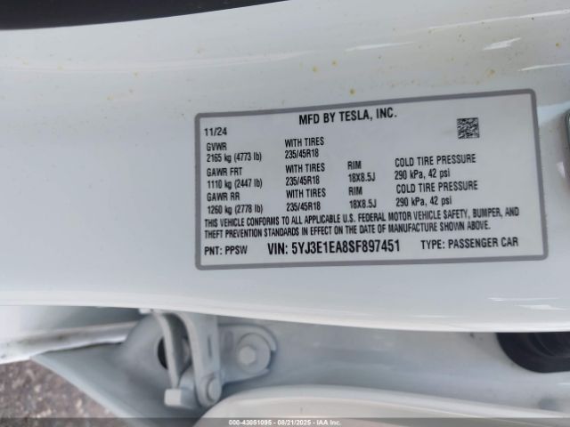 2025 TESLA MODEL 3 5YJ3E1EA8SF897451 Photo 8