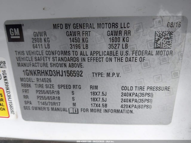 43051180 :رقم المزاد ، 1GNKRHKD3HJ156592 vin ، 2017 Chevrolet Traverse 2lt مزاد بيع