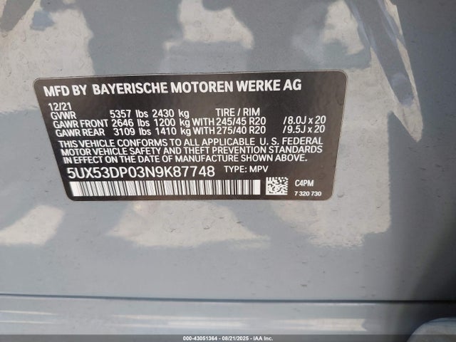 5UX53DP03N9K87748 BMW X3