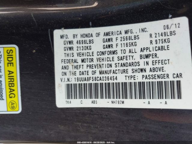 2012 ACURA TL 19UUA8F58CA036454 Photo 8