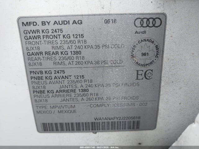Aukcja sprzedaży 2018 Audi Q5 2.0t Premium/2.0t Tech Premium, vin: WA1ANAFY2J2205618, numer aukcji: 43051748