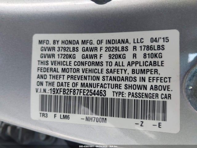 Honda r18z1 2015 19XFB2F87FE254463 Image 9
