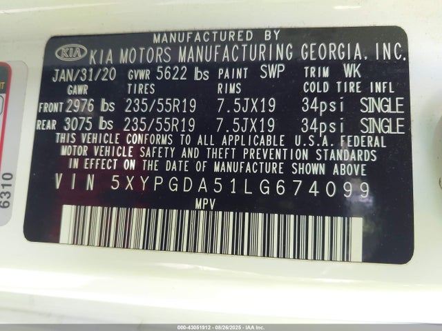 5XYPGDA51LG674099 KIA gdi lambda-ii