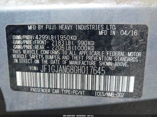 Subaru 2.0l na 2016 JF1GJAN68GH017645 Image 9
