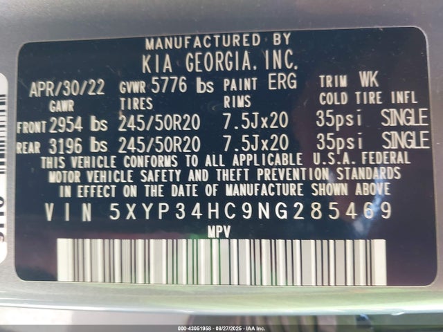 KIA gdi lambda-ii 2022 5XYP34HC9NG285469 Image 9