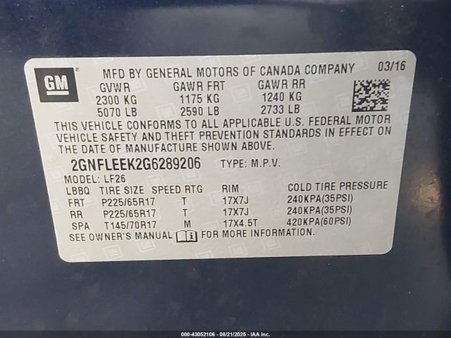 Chevrolet lea - e85 max, aluminum 2016 2GNFLEEK2G6289206 Image 9