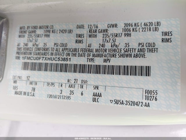 1FMCU0F7XHUC53851 Ford 2.5l i-vct