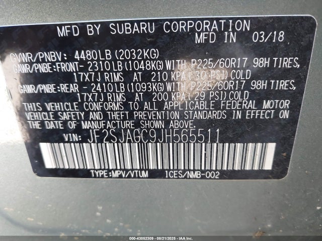 JF2SJAGC9JH565511 Subaru naturally aspirated u5