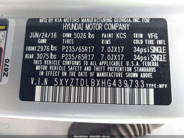 5XYZTDLBXHG439733 Hyundai gdi theta ii