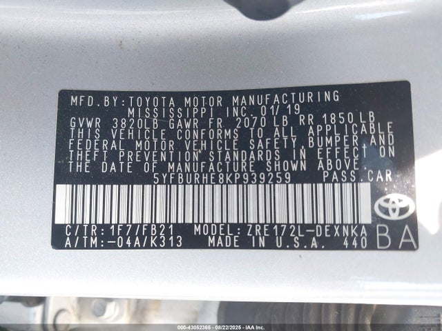 5YFBURHE8KP939259 Toyota 2zr-fe