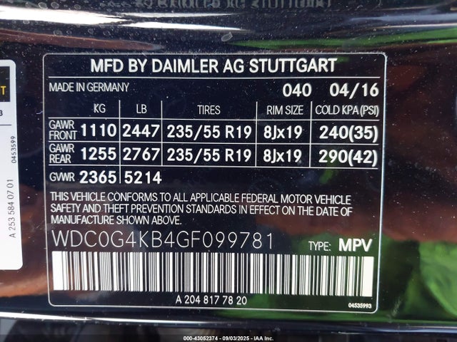 WDC0G4KB4GF099781 Mercedes-Benz m274