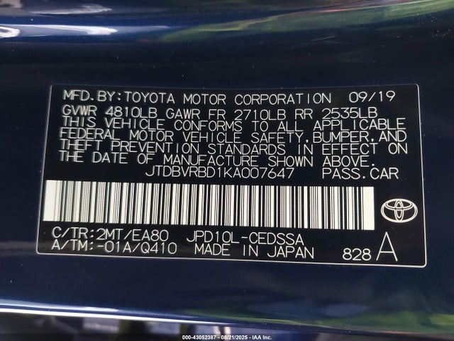 JTDBVRBD1KA007647 Toyota 4jm