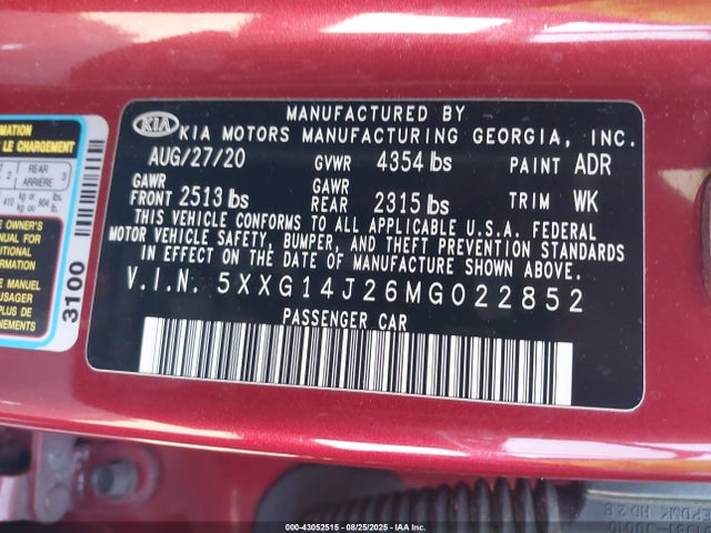 5XXG14J26MG022852 KIA t-gdi gamma ii