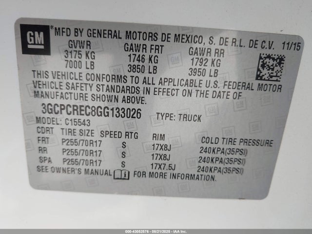 3GCPCREC8GG133026 Chevrolet l83 - sidi, vvt, afm, e85 max, aluminum
