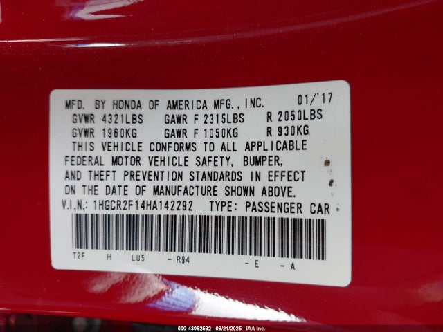 Honda k24w1 2017 1HGCR2F14HA142292 Image 9