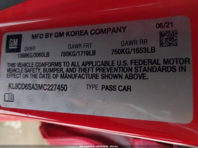 KL8CD6SA3MC227450 Chevrolet lv7 - mfi, variable valve timing, alum, gen 1 var 1