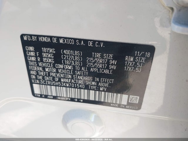 3CZRU5H53KM701540 Honda r18z9