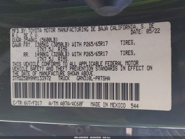 3TMDZ5BN9NM133972 Toyota 2gr-fks