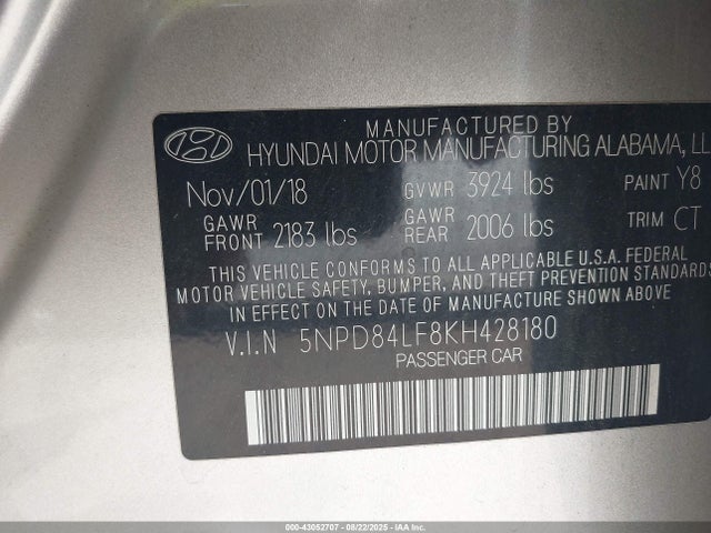 5NPD84LF8KH428180 Hyundai mpi nu