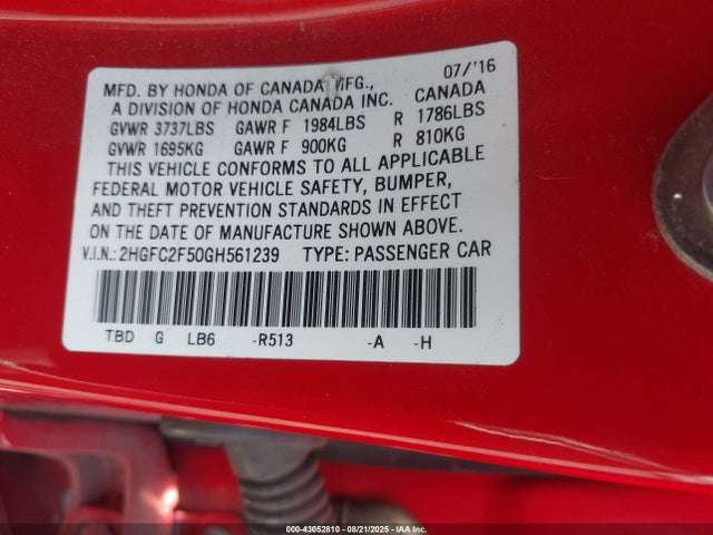 Honda k20c2 2016 2HGFC2F50GH561239 Image 9