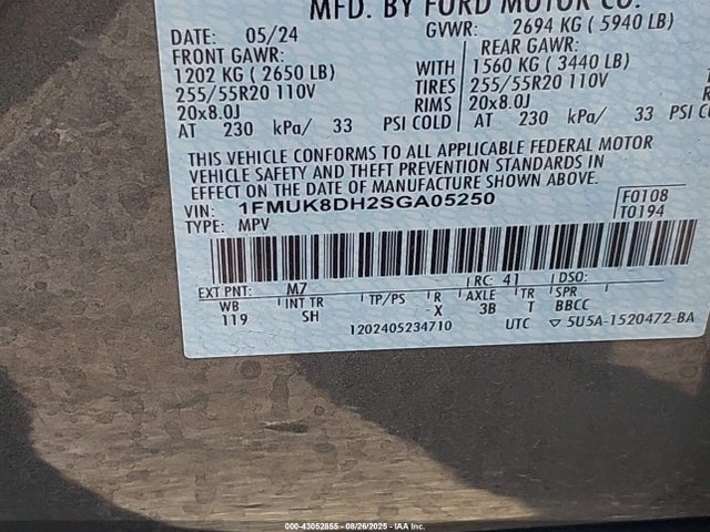 1FMUK8DH2SGA05250 Ford tivct
