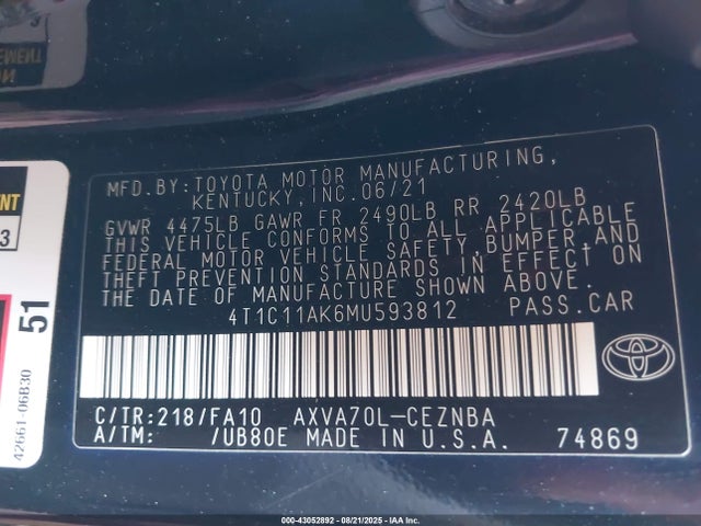 4T1C11AK6MU593812 Toyota a25a-fks